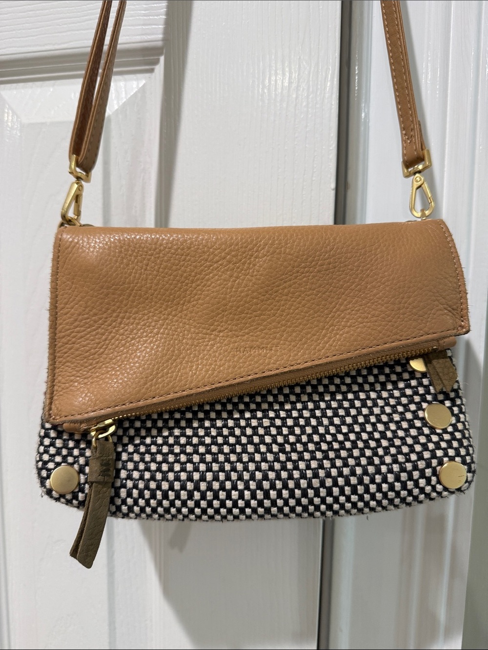 Hammitt Tan Leather Top Flap Crossbody with Black-and-White Woven Body